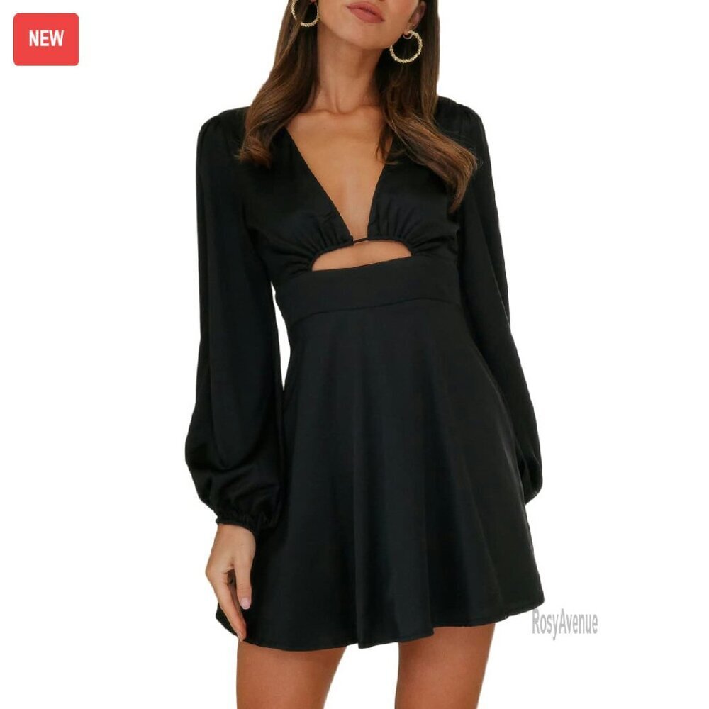 Satin Mini Dress Long Sleeve Deep V-Neck Cut Out A-Line